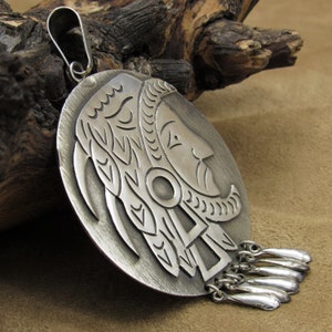 Vintage Sterling Silver Large Aztec Overlay Pendant with Dangling Drops image 2