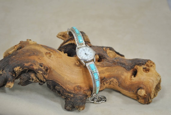 Navajo Made Inlay Turquoise, Jet and Opal Watch B… - image 2