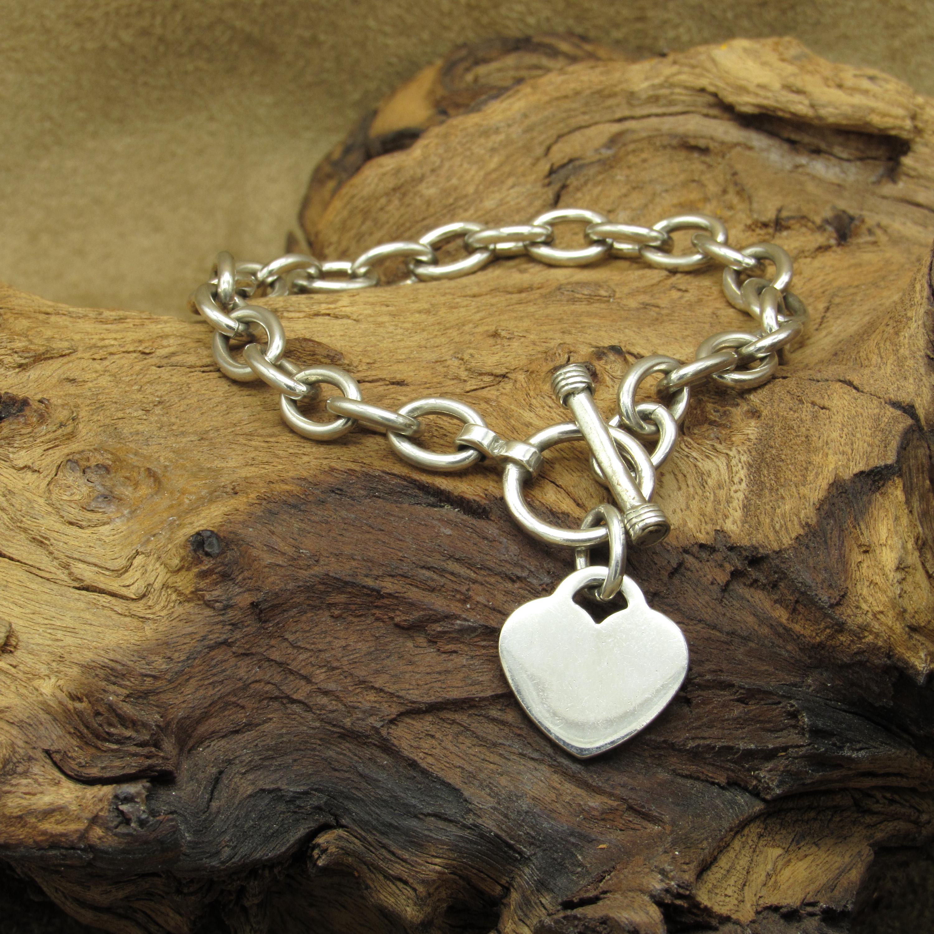 Vintage Silver 925 ブレスレット Chain Bracelet Vintage Sterling Silver Link Chain Bracelet With Heart Charm - Etsy