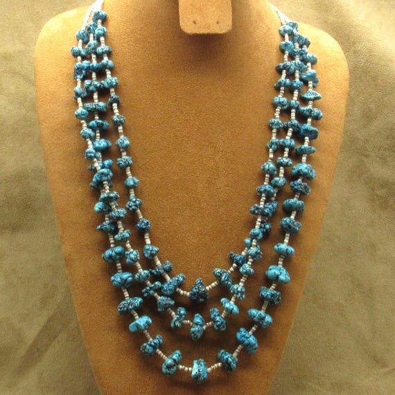 Vintage Dyed Turquoise Nuggets on Multi-Strand Heishi Necklace