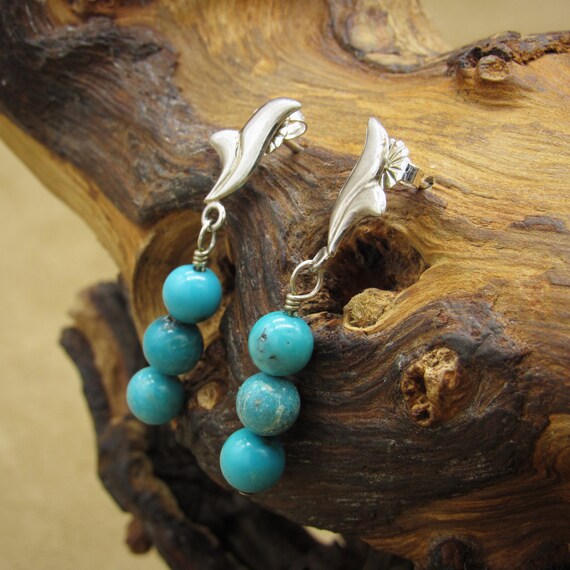 Silver Post Earrings with Three Turquoise Dangle … - image 3