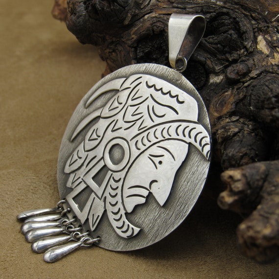 Vintage Sterling Silver Large Aztec Overlay Penda… - image 3
