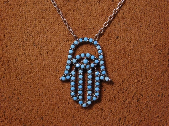 Vintage Sterling Silver Synthetic Turquoise Hamsa… - image 2