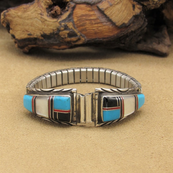 Vintage Sterling Silver Stretch Watchband with Beautiful Stone Inlay Design