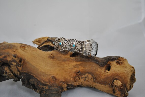 Sterling Silver Navajo Turquoise Concho Watch Cuf… - image 3