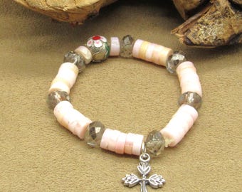 Mixed Bead Bracelet with Sterling Silver Cross Charm