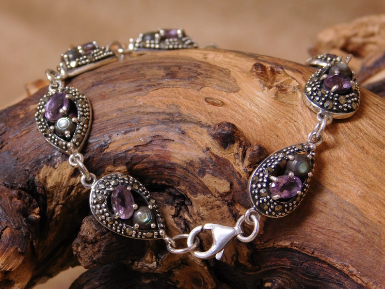 Vintage Amethyst Abalone and Marcasite Link Bracelet