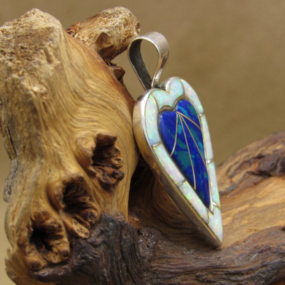 Sterling Silver Lab Opal and Block Azurite Inlaid… - image 2
