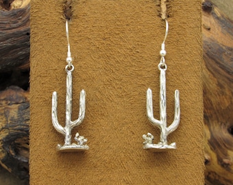 Sterling Silver Diamond Cut Saguaro Cactus Dangle Wire Earrings