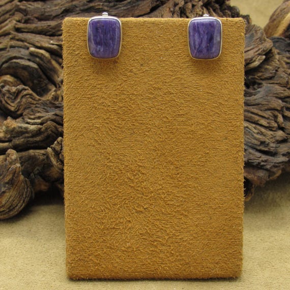 Sterling Silver and Charoite Rectangular Clip on … - image 1