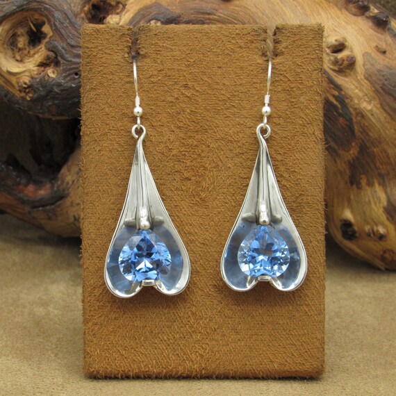 Sterling Silver Dangle Wire Earrings with Blue Fa… - image 1