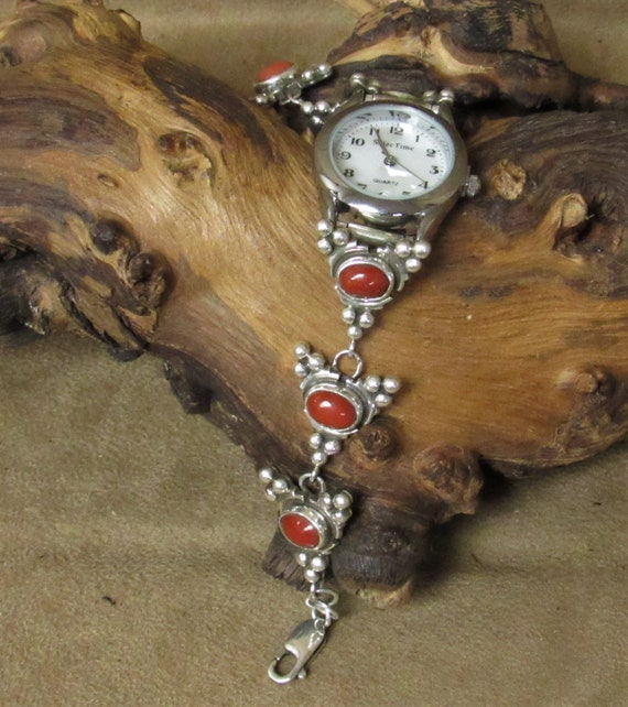 Sterling Silver and Coral Southwest Link Ladies Wa