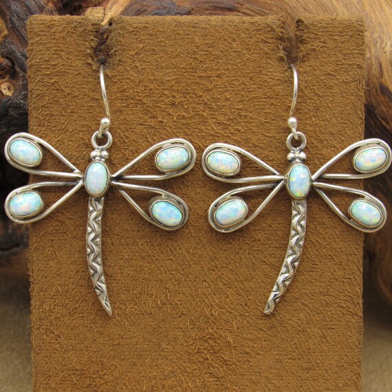 Sterling Silver and Lab Opal Dragonfly Dangle Ear… - image 2