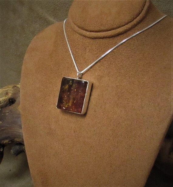 Sterling Silver and Amber Rectangular Pendant Nec… - image 3