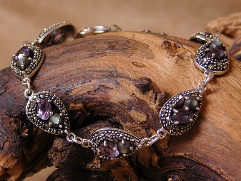 Vintage Amethyst Abalone and Marcasite Link Bracelet
