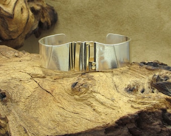 Vintage Sterling Silver Abstract Cuff Bracelet with 14K Gold Highlights