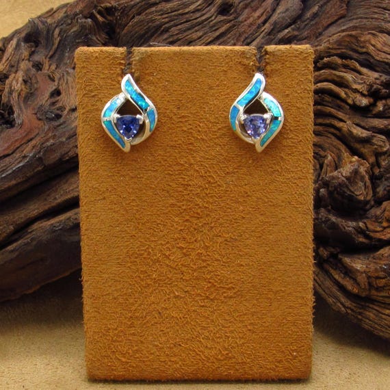 Sterling Lab created Opal and Iolite Stud Earrings - image 1