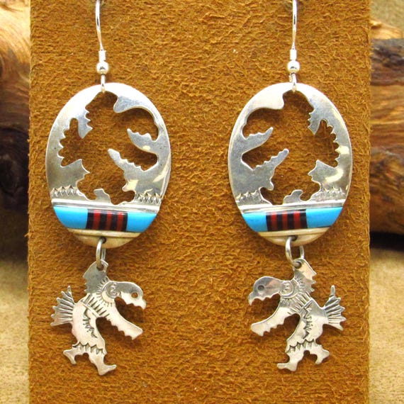 Sterling Silver Dangle Eagle Dancer Earrings with… - image 2