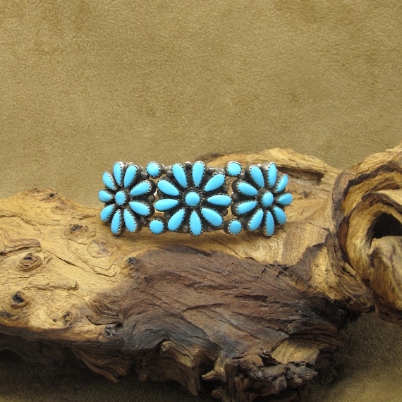 Sterling Silver Block Turquoise Flower Cluster Cuff Bracelet by