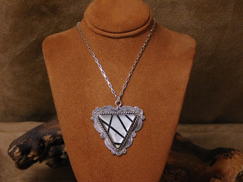 Vintage Sterling Silver Mother Of Pearl And Onyx Triangle Necklace