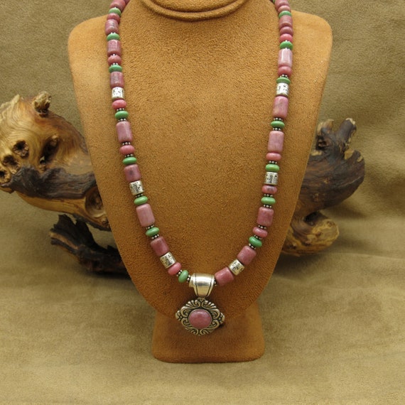 Sterling Silver, Rhodonite and Turquoise Bead and… - image 1