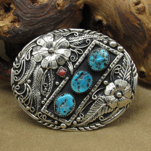 TURQUOISE & SILVER OVAL BELT BUCKLE