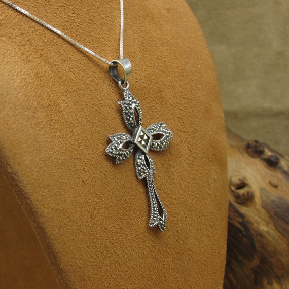 Sterling Silver and Marcasite Cross Necklace - image 3