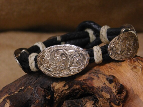 Vintage Engraved Sterling Silver and Leather Bracelet View 5