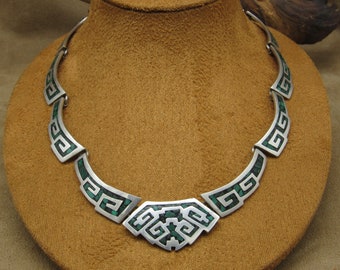 Sterling Silver and Chip Inlay Malachite Necklace from Mexico