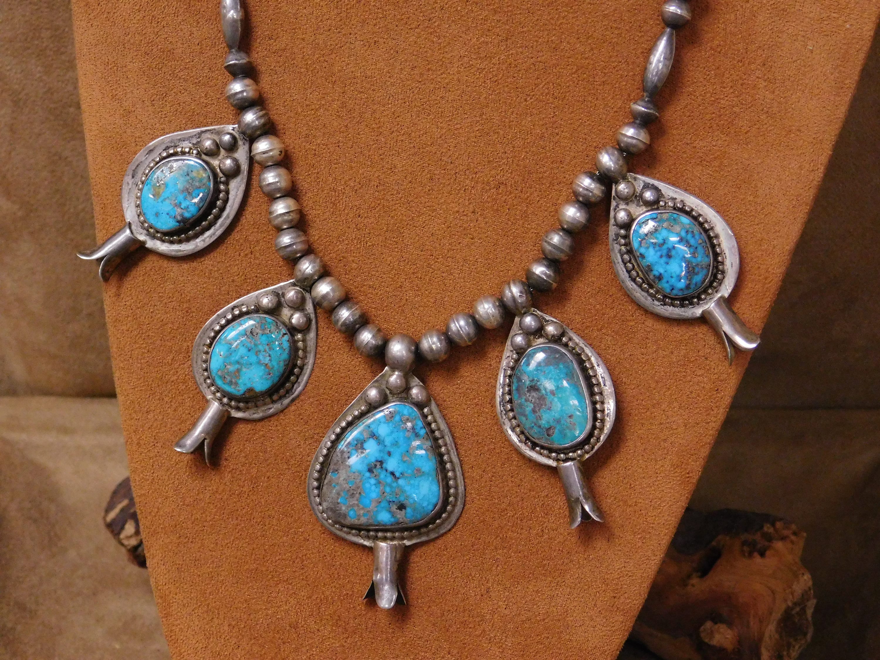 Vintage Southwest Turquoise Sterling Silver Squash Blossom Style