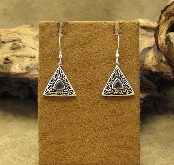 Vintage Sterling Silver Triangular Mystic Topaz Dangle Wire Earrings