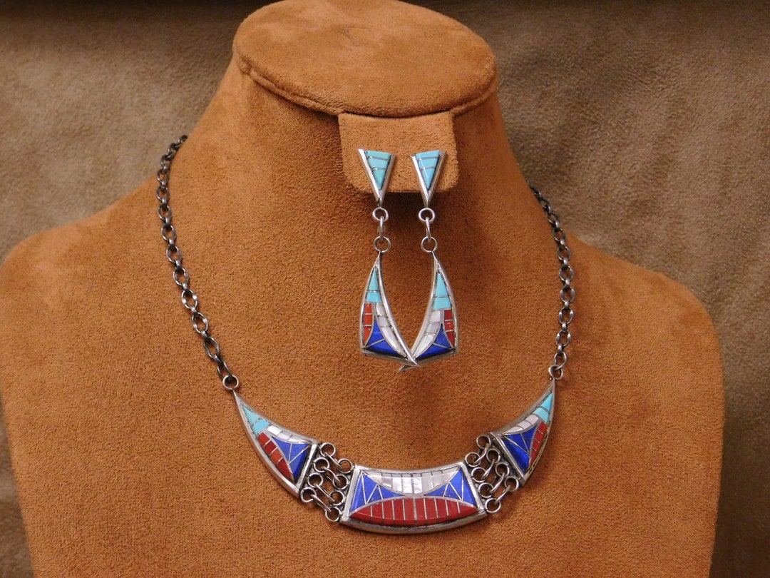 Vintage Sterling Silver Zuni Inlay Necklace and Earrings Set Etsy