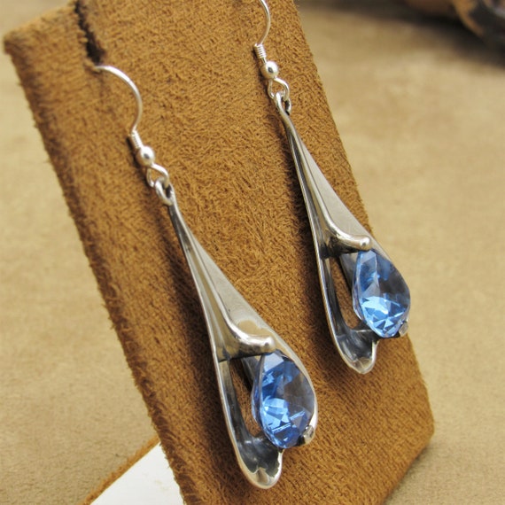 Sterling Silver Dangle Wire Earrings with Blue Fa… - image 3