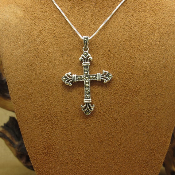 Sterling Silver and Marcasite Cross Necklace - image 2