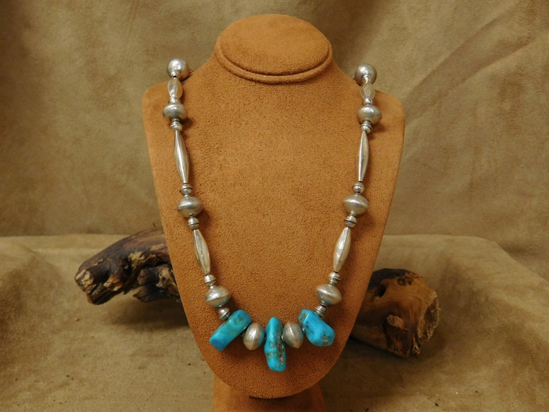 Vintage Sterling Silver Turquoise Nugget Beaded Necklace