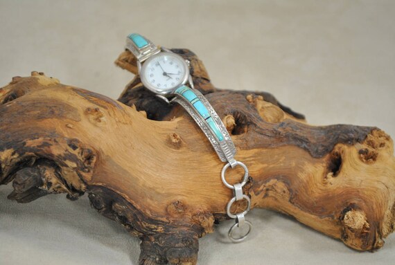 Navajo Made Inlay Turquoise, Jet and Opal Watch B… - image 5