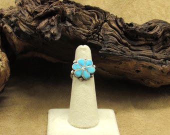 Vintage Sterling Silver Turquoise Flower Inlay Ring Size 5.5
