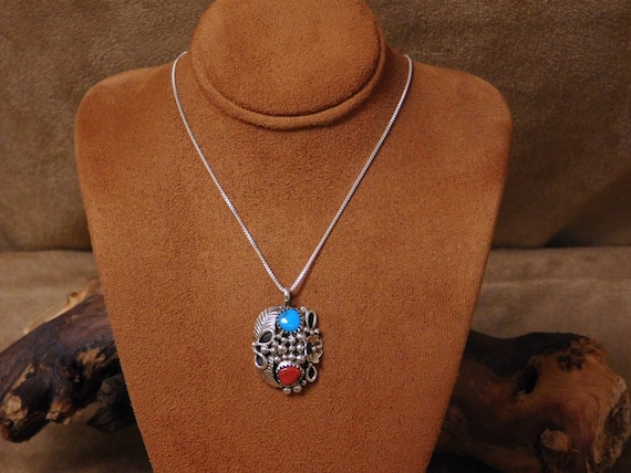Vintage Sterling Silver Turquoise and Coral Neckl… - image 1
