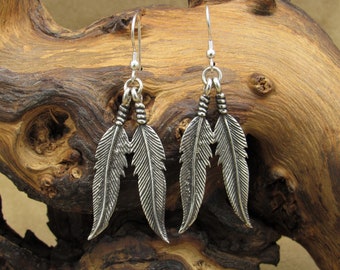 Sterling Silver Two Feathers Dangle Wire Earrings