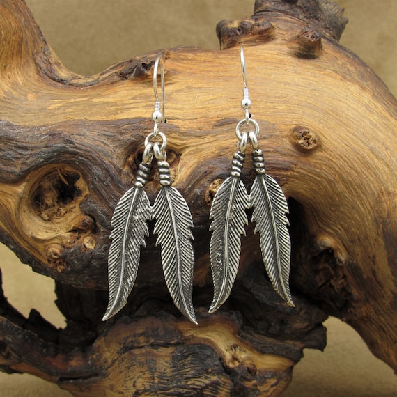 Sterling Silver Two Feathers Dangle Wire Earrings - image 1