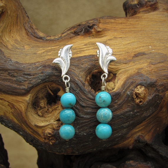 Silver Post Earrings with Three Turquoise Dangle … - image 1