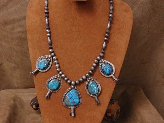 Vintage Southwest Turquoise Sterling Silver Squash Blossom Style