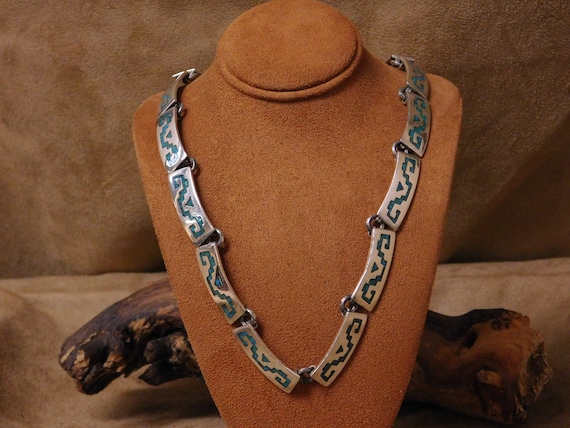 Vintage Sterling Silver Chip Inlay Turquoise Link… - image 1