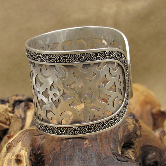 Sterling Silver Open Work Cuff Bracelet with Band… - image 3
