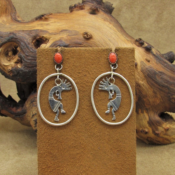 Vintage Southwestern Sterling Silver and Coral Kokopelli Post Earrings