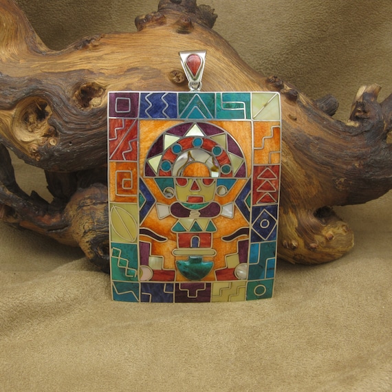 Sterling Silver Large Rectangular Colorful Inlaid… - image 1