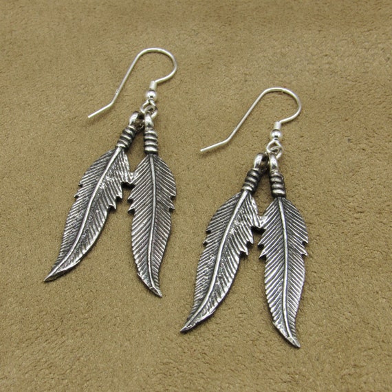 Sterling Silver Two Feathers Dangle Wire Earrings - image 4