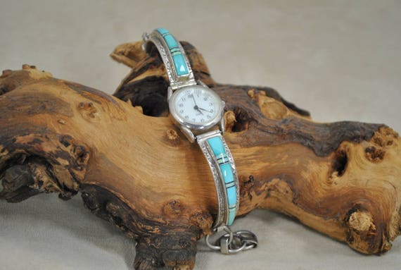 Navajo Made Inlay Turquoise, Jet and Opal Watch B… - image 1
