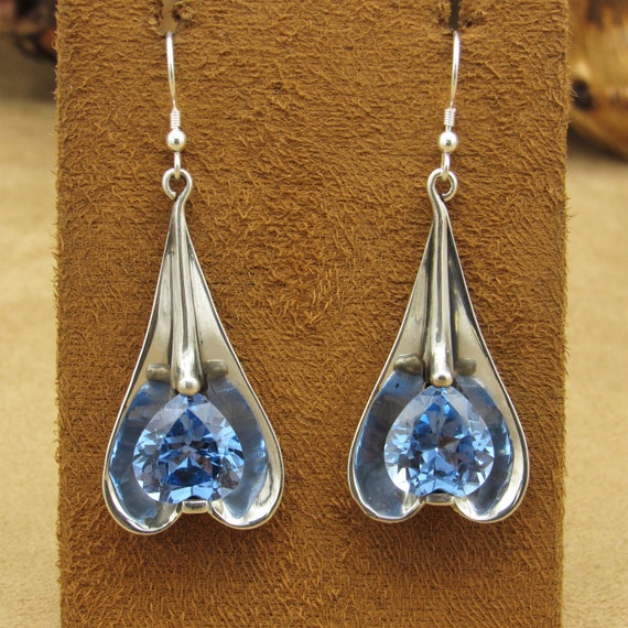 Sterling Silver Dangle Wire Earrings with Blue Fa… - image 2