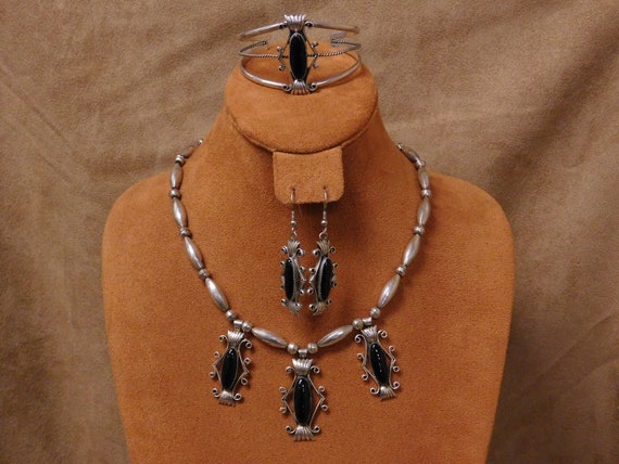 Vintage Sterling Silver Onyx Jewelry Set